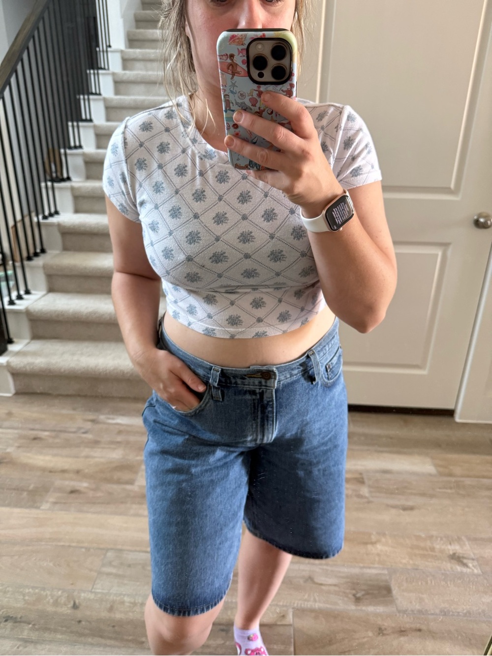 FP Movement by Free People White Crop Top with Light Blue Diamond Floral Print